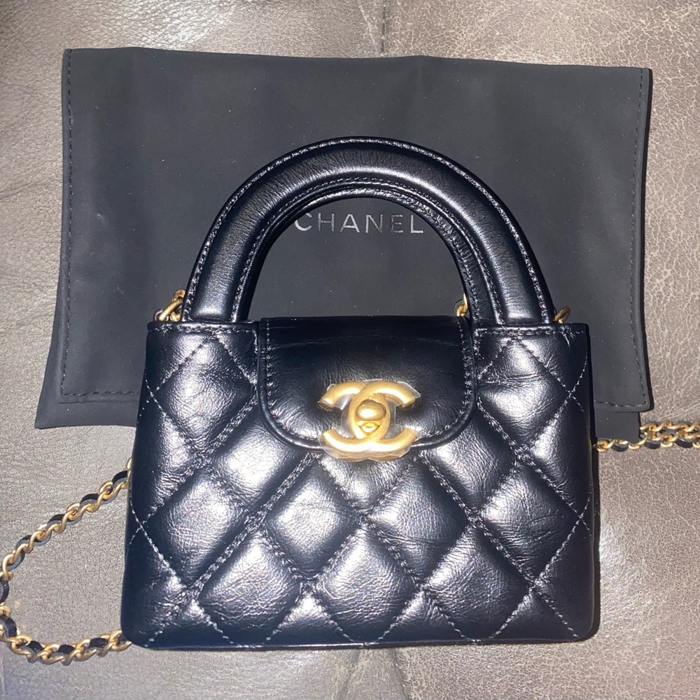 AUTH CHANEL Black Mini Nano Quilted Kelly Shopping Bag Gold Chain